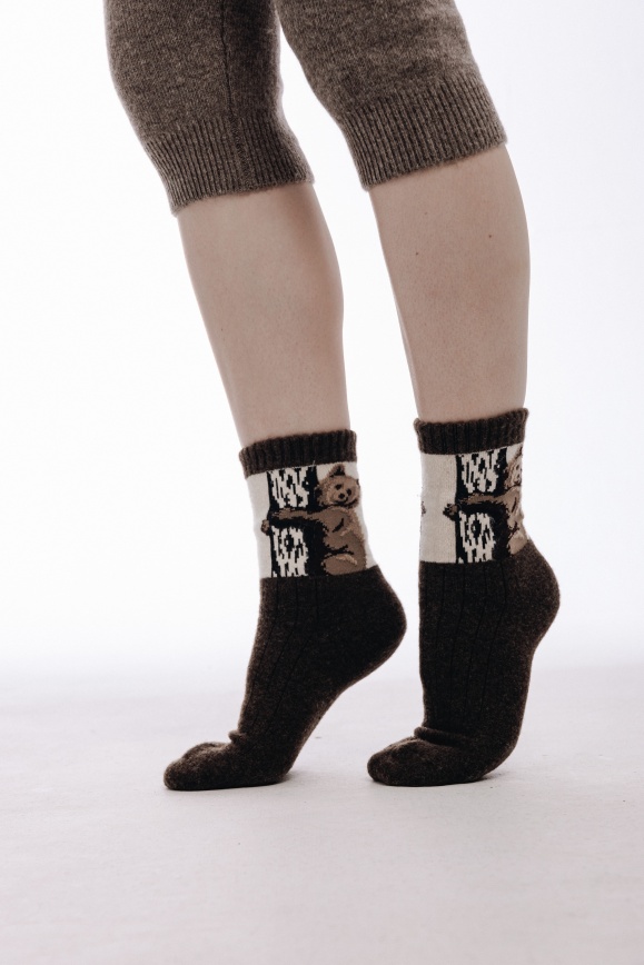 Купить Носки коричневые с мишкой из 100% шерсти яка в Москве