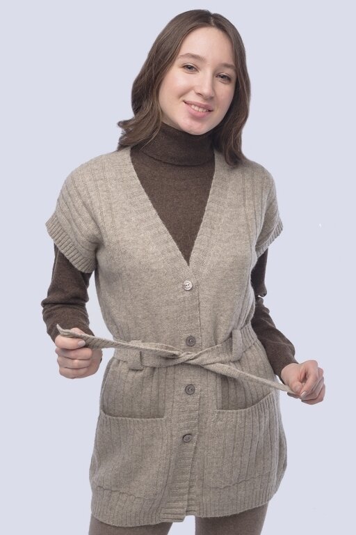 Купить Кардиган серый без рукавов с поясом из 100% шерсти яка в Москве